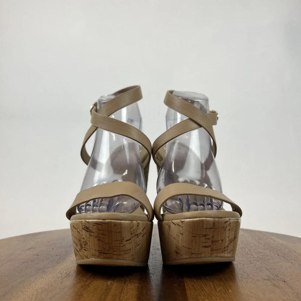 New Womens Stuart Weitzman 5050 Beige Leather Raffia Platform Wedge Sandals Sz 9